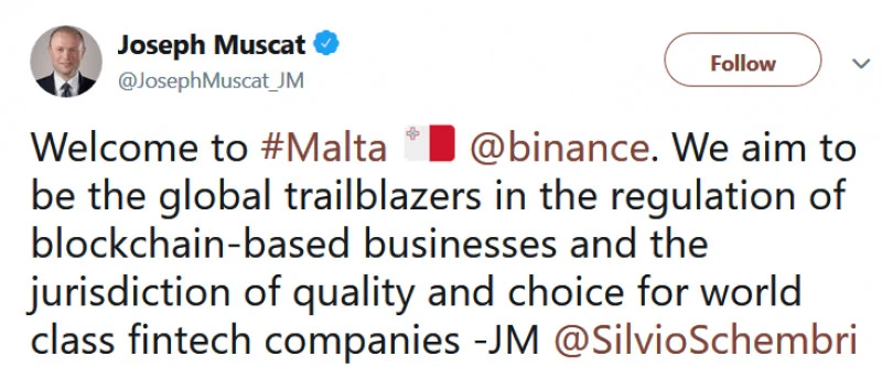 Komentarz Josepha Muscata na temat przenosin giełdy Binance na Maltę