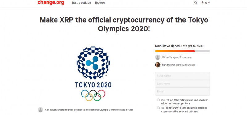 Ankieta na rzecz uczynienia kryptowaluty Ripple oficjalną walutą igrzysk olimpijskich odbywających się w 2021 roku