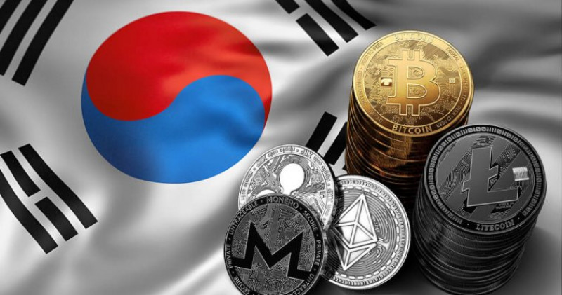 Kryptowaluty Bitcoin, Ethereum, Litecoin na tle flagi Korei Południowej
