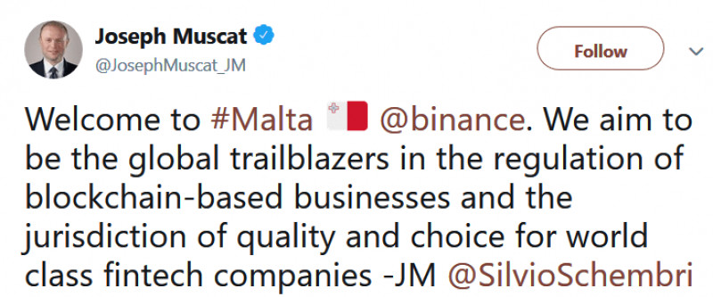 Komentarz Josepha Muscata na temat przenosin giełdy Binance na Maltę