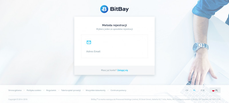 Wybór metody rejestracji na Bitbay