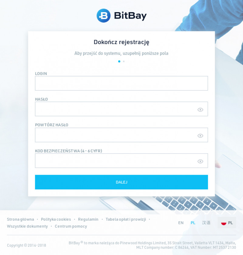 Wybór loginu oraz hasła do nowego konta na Bitbay