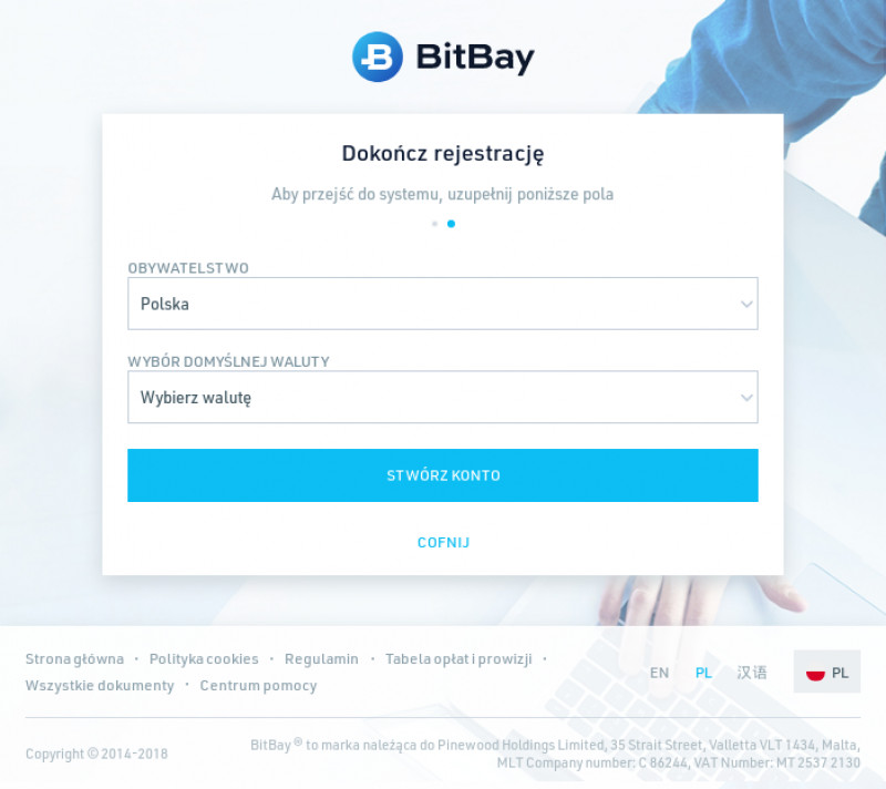 Rejestracja na Bitbay - Wybór kraju pochodzenia