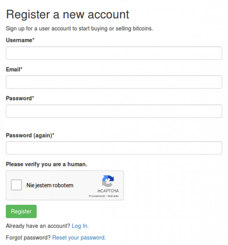 Formularz rejestracji na portalu wymiany kryptowalut - Local Bitcoins
