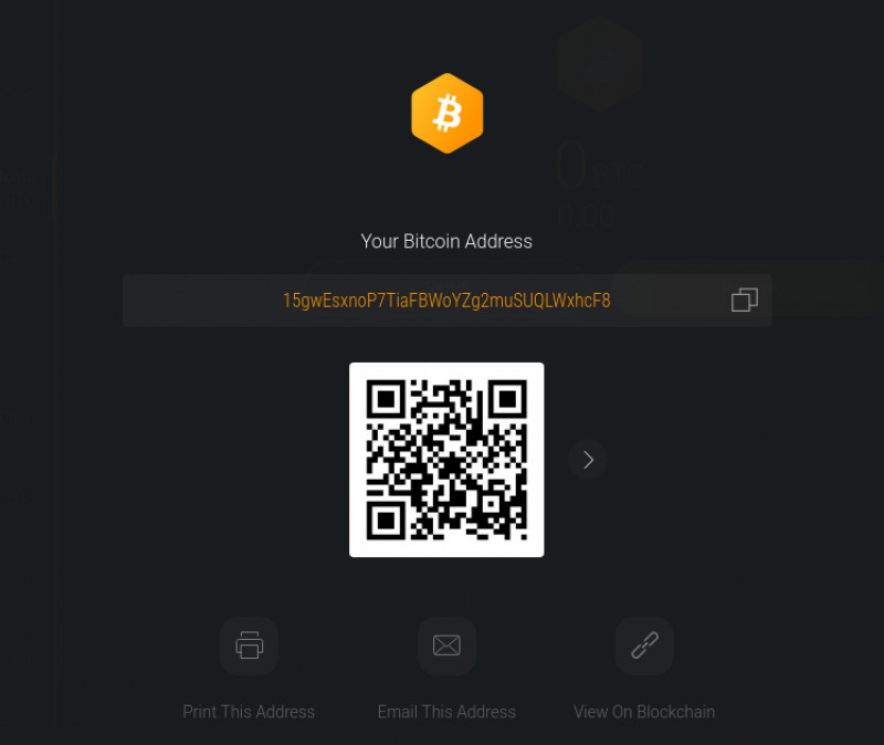 Adres portfela Bitcoin i kod QR w aplikacji Exodus Wallet