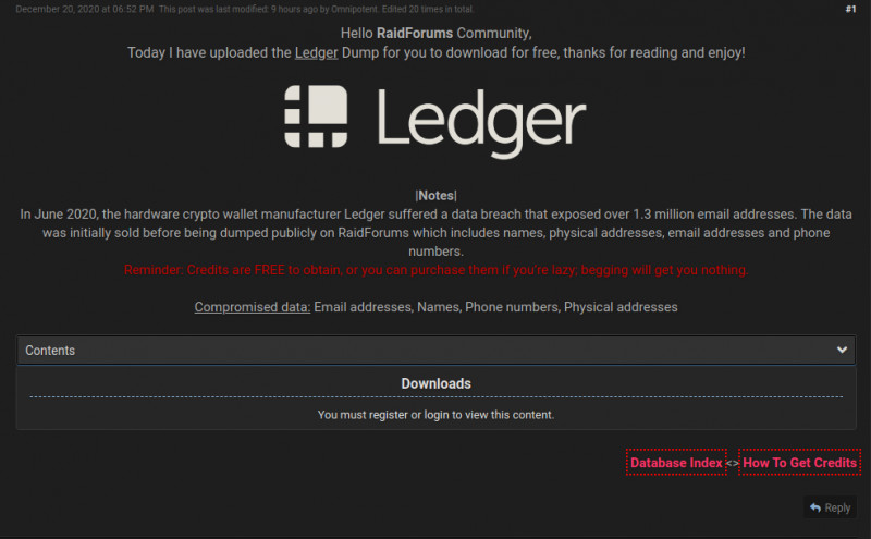Post na stronie RaidForums dotyczący wycieku danych osobowych klientów firmy Ledger, produkującej portfele sprzętowe do przechowywania kryptowalut