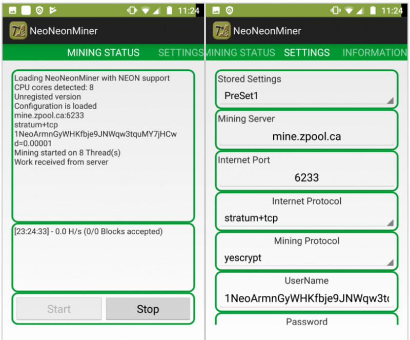 Aplikacja mobilna NeoNeonMiner do kopania kryptowalut na telefonie