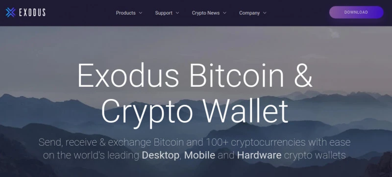 Strona internetowa portfela kryptowalut - Exodus Wallet. Prezentacja interfejsu portfela
